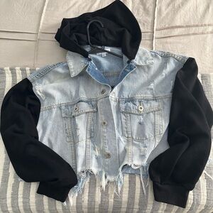 Denim Distressed Jacket with Black Cotton Sleeves